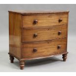 A Victorian mahogany bowfront chest of three long drawers, on turned legs, height 88cm, width