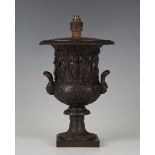 A late 19th century Continental brown patinated cast bronze classical twin-handled urn, converted to