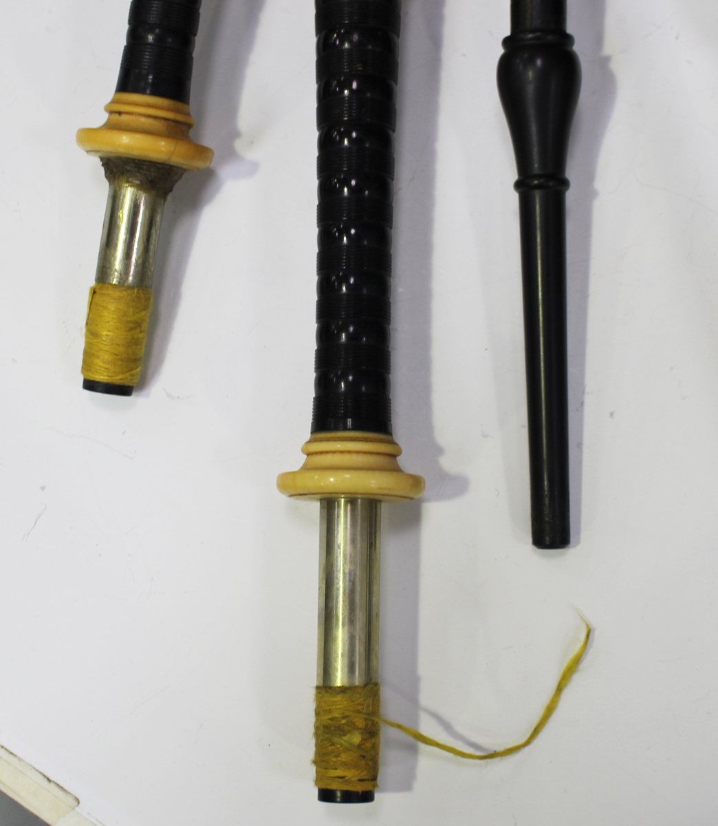 A set of early 20th century Scottish bagpipes with nickel and ivory mounts, the rosewood chanter - Image 4 of 4