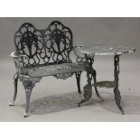 A late 20th century painted cast metal garden bench, height 89cm, width 100cm, together with a