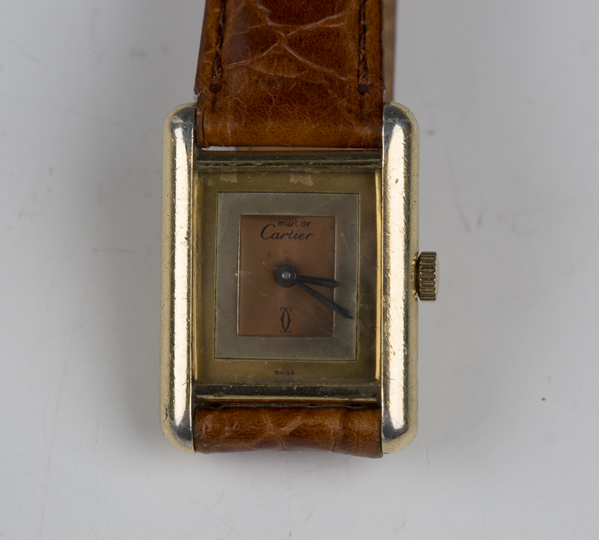 A Cartier Must de Cartier Tank Vermeil silver gilt lady's wristwatch with manual movement and signed