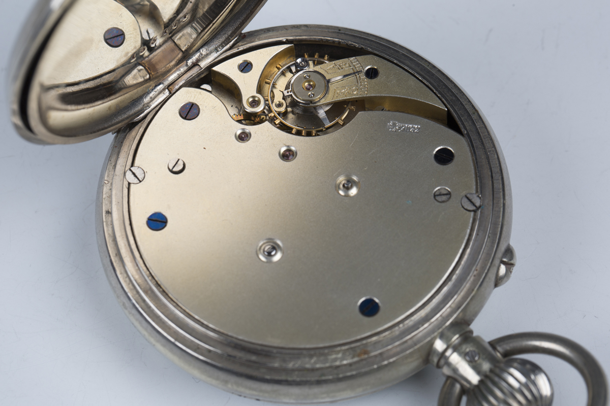 An early 20th century plated keyless wind open-faced Goliath pocket watch, the enamel dial with - Image 7 of 8