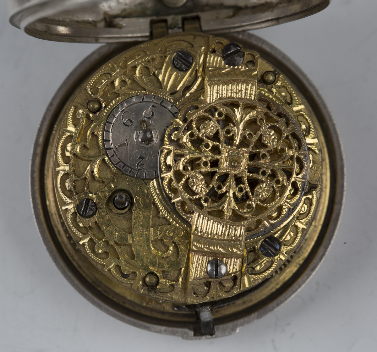 A George III and later silver repoussé pair cased keywind open-faced pocket watch, the gilt fusee - Image 9 of 10