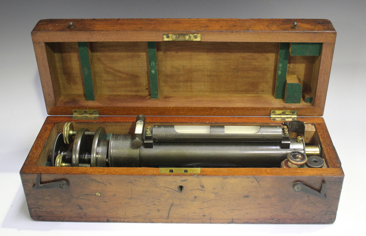 A late 19th century oxidized brass surveyor's level by Troughton & Simms of London, the telescope