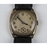 A 9ct gold cushion cased gentleman's wristwatch with unsigned jewelled movement, the silvered