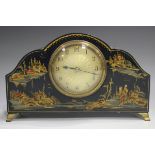 A George V chinoiserie lacquered mantel timepiece, the engine turned silvered circular dial with