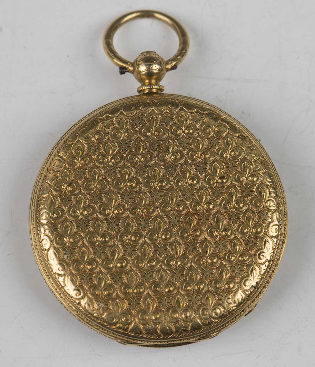 A gold cased keywind open-faced lady's fob watch with unsigned gilt cylinder movement, the dial - Image 2 of 3