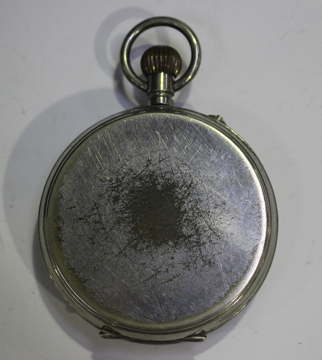 A base metal cased keyless wind open-faced Goliath pocket watch, the enamelled dial with black Roman - Image 7 of 10