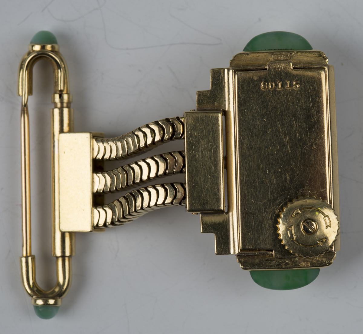 A Jaeger-LeCoultre Duo Plan 18ct gold and jade mounted rear winding brooch watch, the two tone - Image 4 of 5