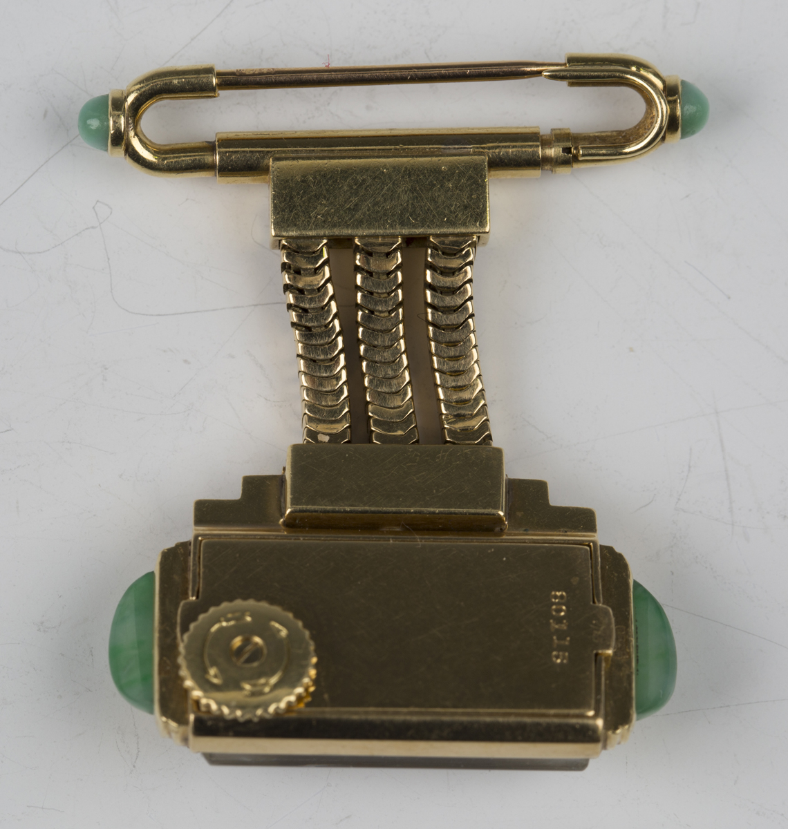 A Jaeger-LeCoultre Duo Plan 18ct gold and jade mounted rear winding brooch watch, the two tone - Image 3 of 5