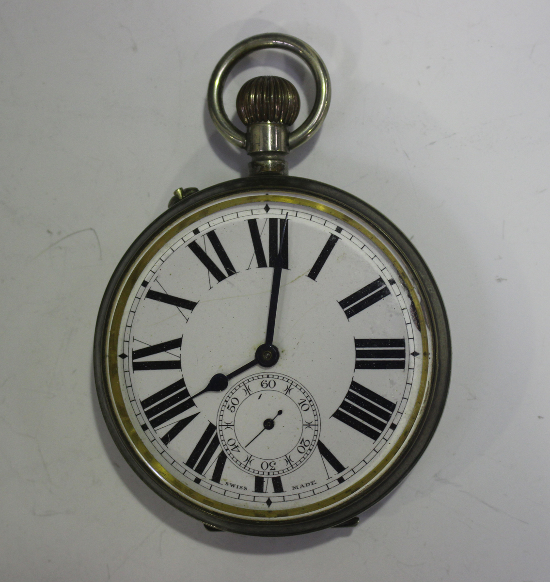 A base metal cased keyless wind open-faced Goliath pocket watch, the enamelled dial with black Roman - Image 9 of 10