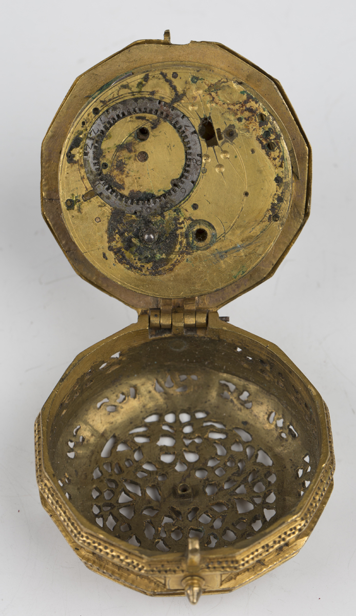 A rare late 16th/early 17th century German gilt brass pocket watch case, probably Augsburg or - Image 6 of 8