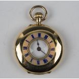 An 18ct gold lady's keyless wind half-hunting cased fob watch with jewelled lever movement, 18ct