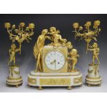 A late 19th century ormolu and white marble clock garniture, the clock with eight day movement