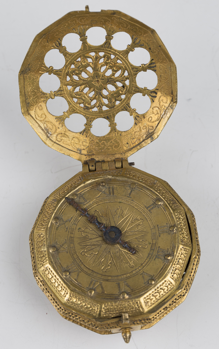 A rare late 16th/early 17th century German gilt brass pocket watch case, probably Augsburg or - Image 8 of 8