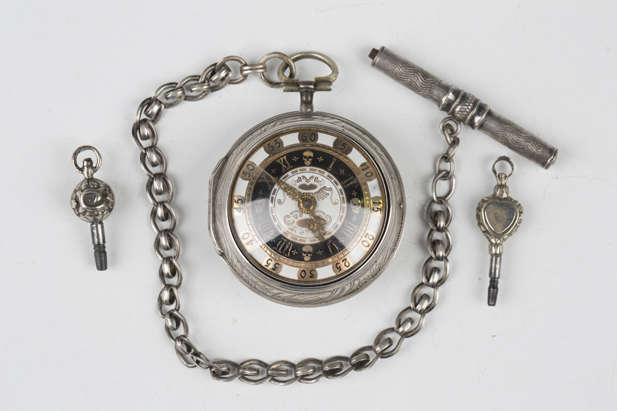 A George III and later silver repoussé pair cased keywind open-faced pocket watch, the gilt fusee