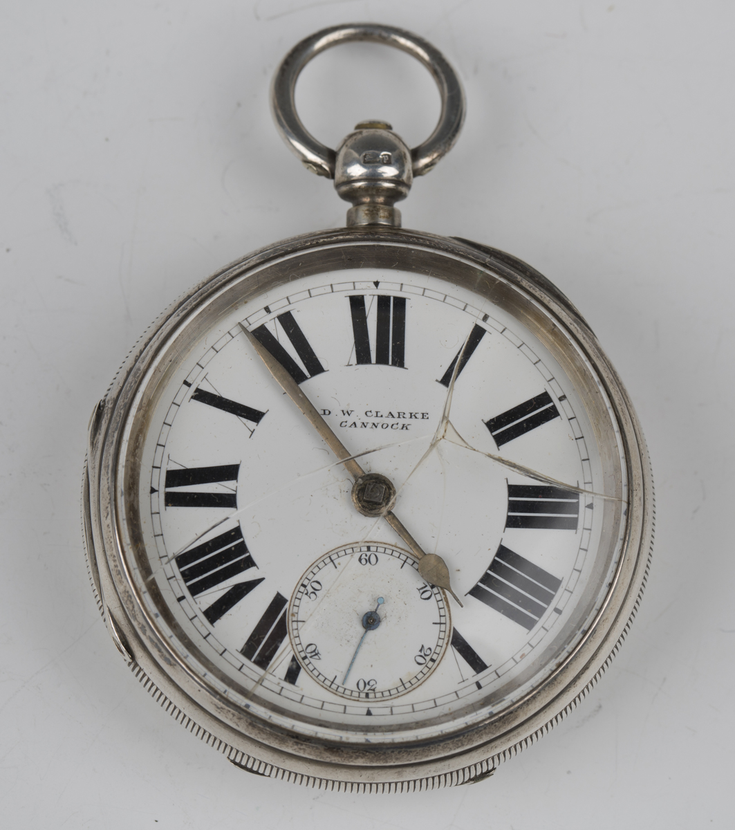 A late Victorian silver cased keywind open-faced gentleman's pocket watch, the enamelled dial with - Image 7 of 7