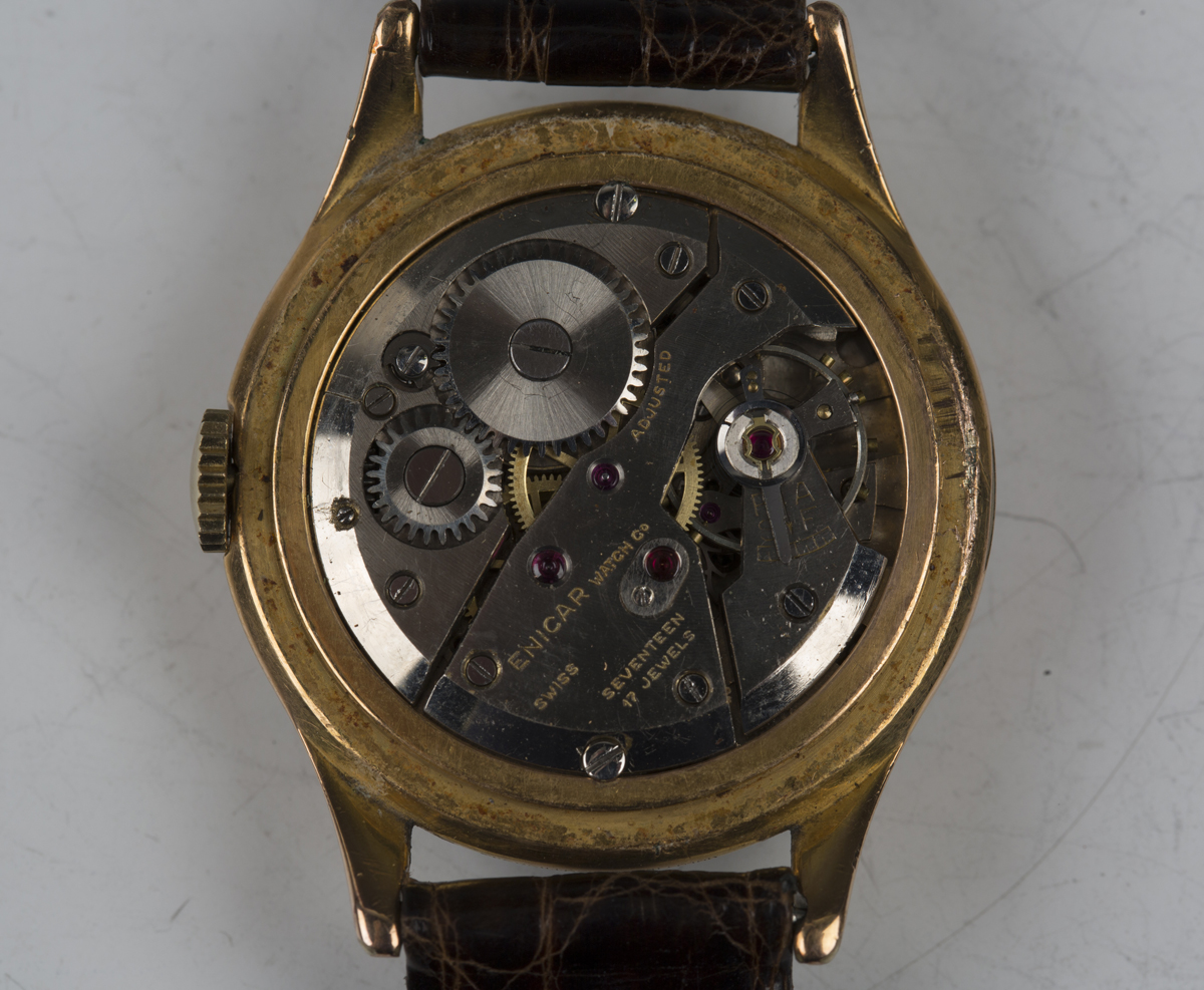 An Enicar gilt metal fronted and steel back triple calendar gentleman's wristwatch with signed - Image 5 of 5