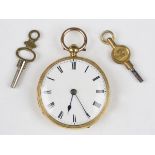 An 18ct gold cased keywind open-faced fob watch, the gilt fusee movement with a lever escapement,