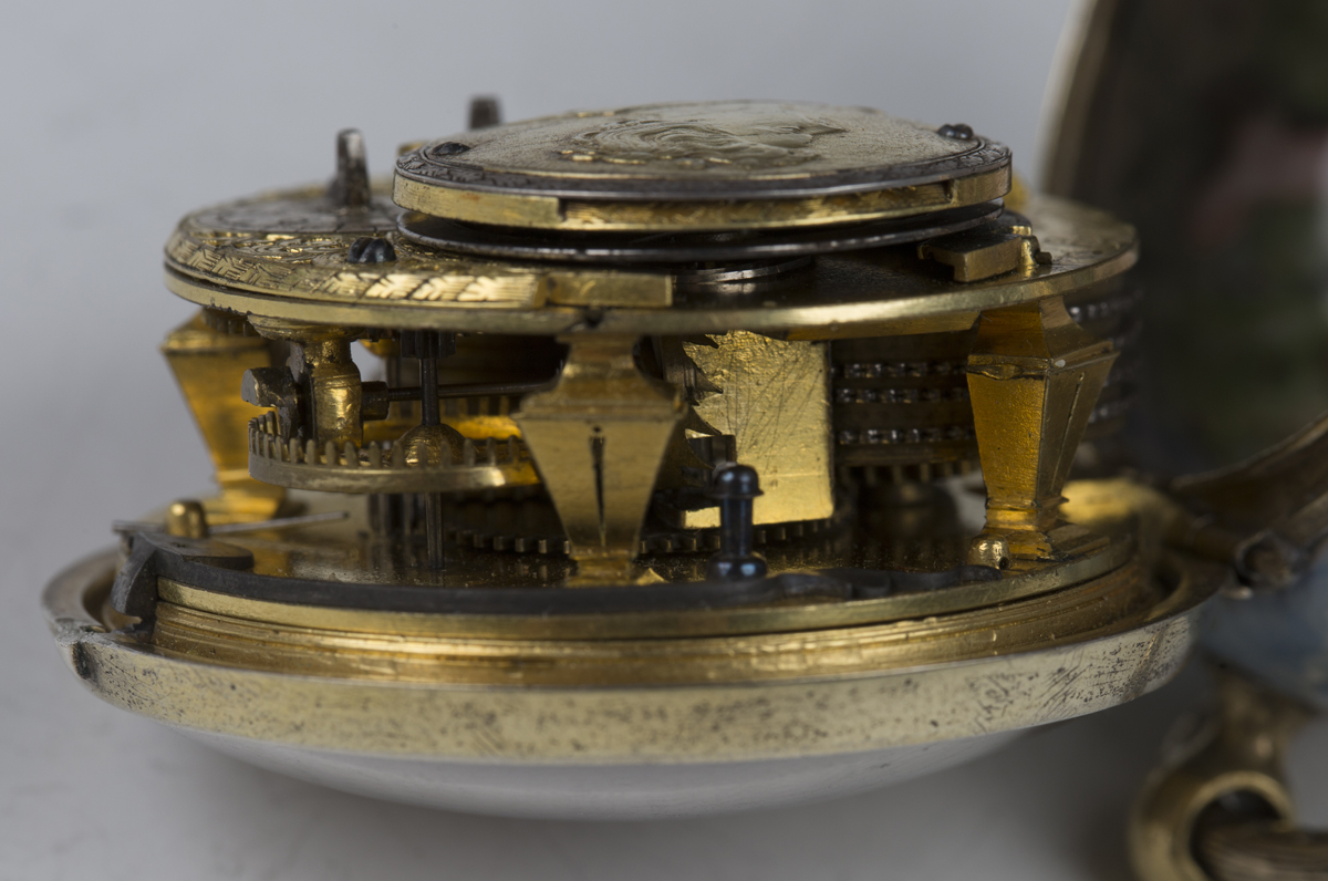 An 18th century and later enamelled keywind open-faced pocket watch, the gilt fusee movement with - Image 4 of 8