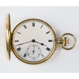 An 18ct gold keyless wind hunting cased gentleman's pocket watch with unsigned gilt three-quarter