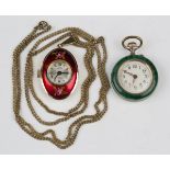 A two-tone green enamelled silver keyless wind open-faced lady's fob watch with gilt cylinder