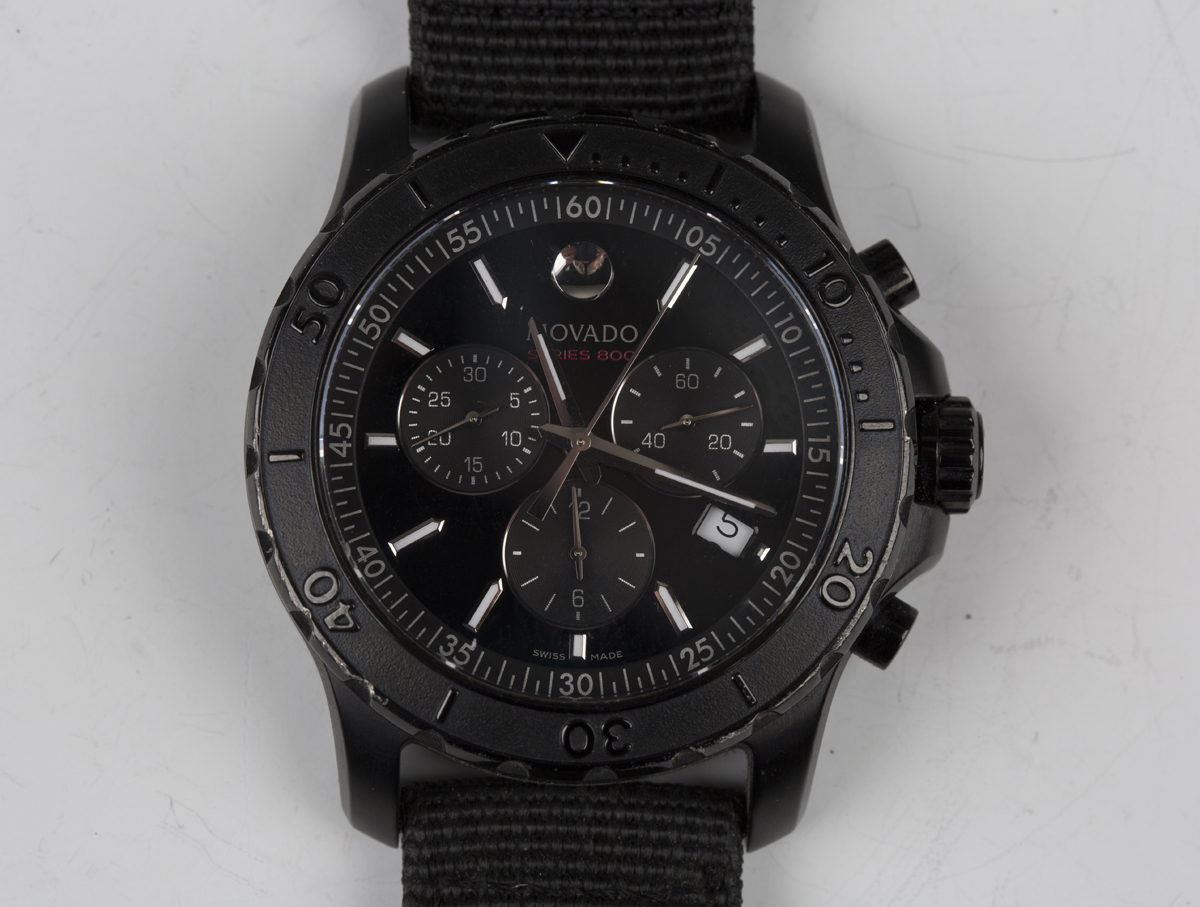 A Movado Series 800 Chronograph black enamelled stainless steel gentleman's wristwatch, Ref. 14.1.