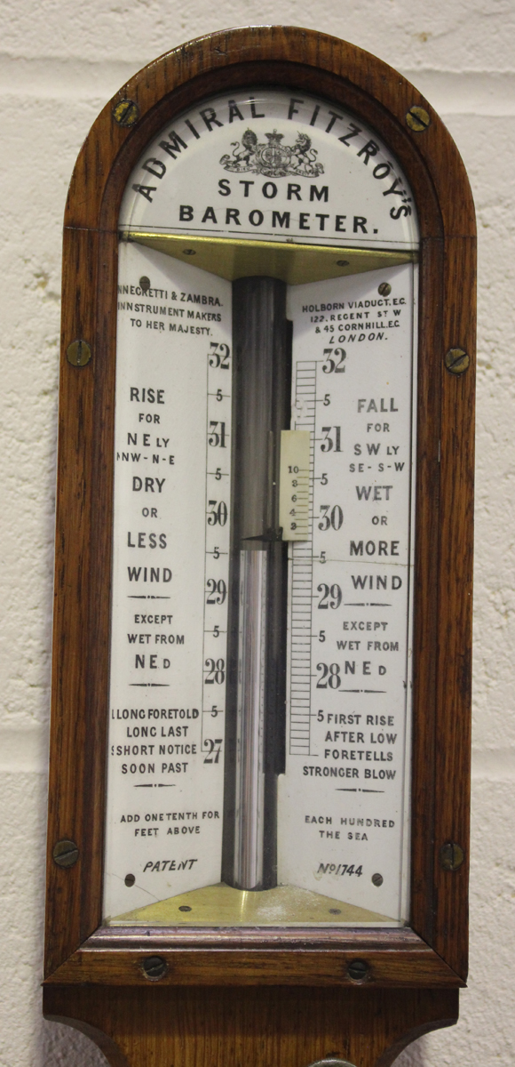 A late Victorian pale oak Admiral Fitzroy's storm stick barometer, the ceramic dial with vernier - Image 4 of 4