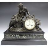 A late 19th century cast spelter, slate and marble mantel clock with eight day movement striking