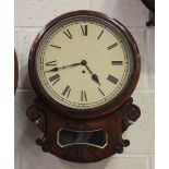 An early Victorian figured mahogany drop dial wall timepiece with eight day single chain fusee