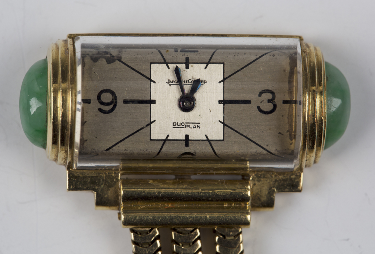 A Jaeger-LeCoultre Duo Plan 18ct gold and jade mounted rear winding brooch watch, the two tone - Image 5 of 5