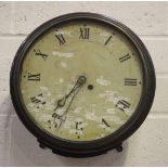 An early 19th century mahogany circular wall timepiece with brass four pillar chain driven single