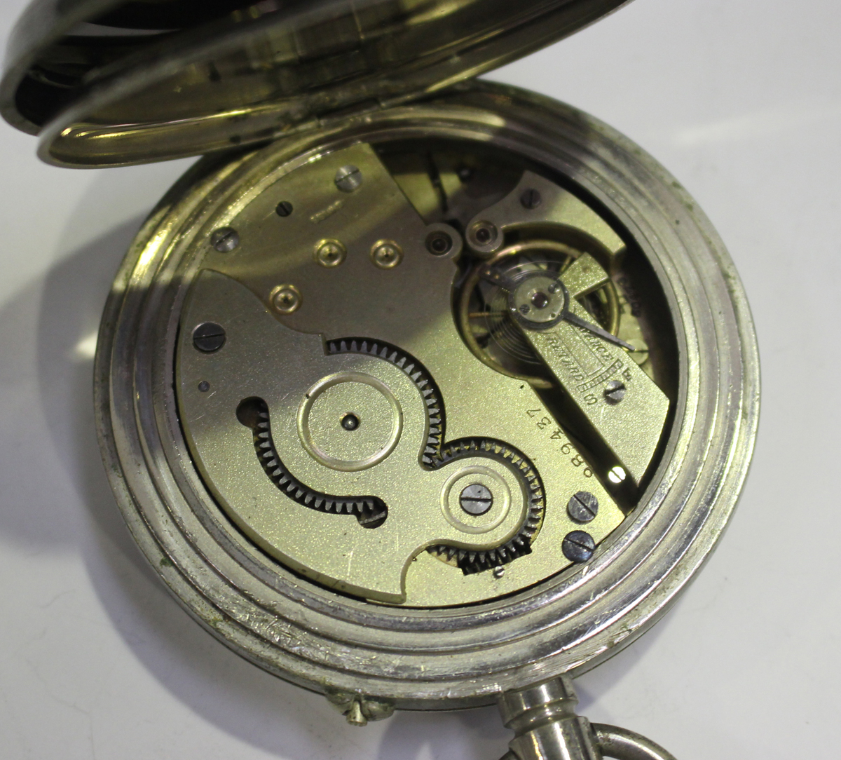 A base metal cased keyless wind open-faced Goliath pocket watch, the enamelled dial with black Roman - Image 8 of 10