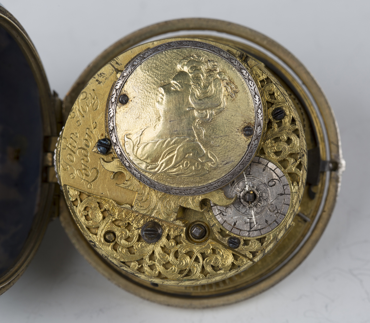 An 18th century and later enamelled keywind open-faced pocket watch, the gilt fusee movement with - Image 7 of 8