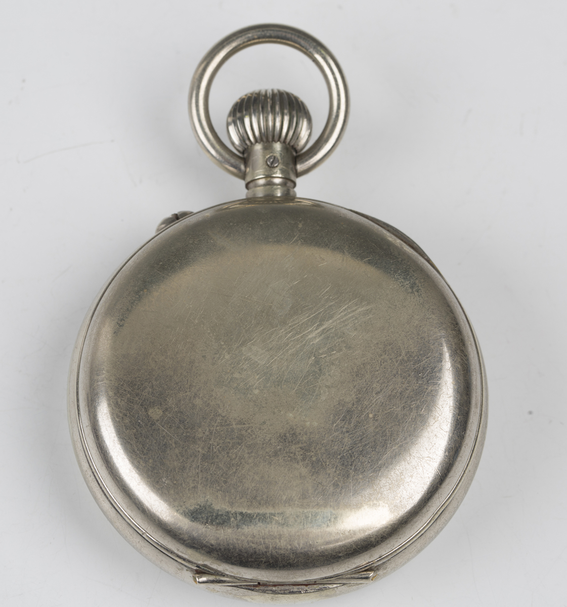 An early 20th century plated keyless wind open-faced Goliath pocket watch, the enamel dial with - Image 6 of 8