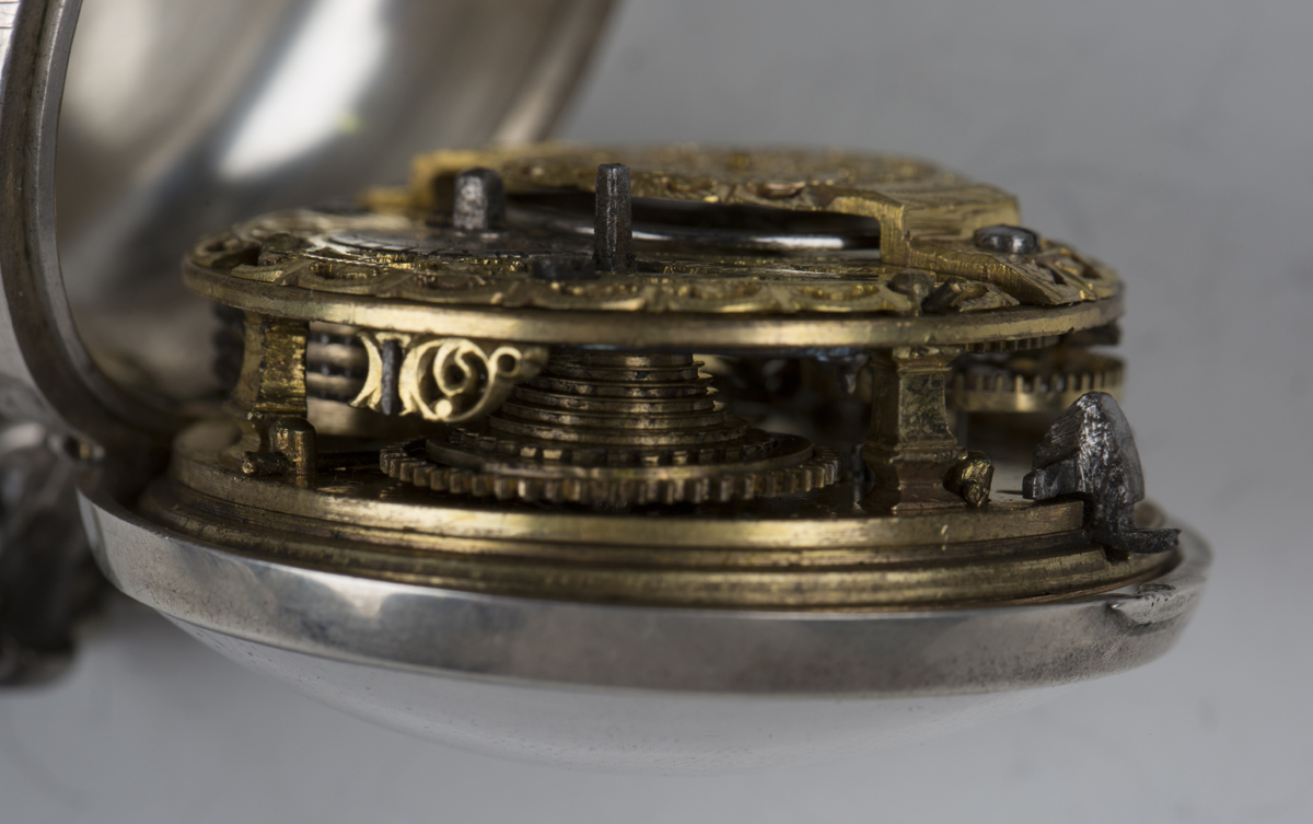 A George III and later silver repoussé pair cased keywind open-faced pocket watch, the gilt fusee - Image 7 of 10