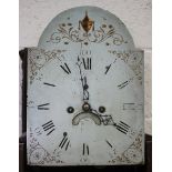 A George III oak longcase clock with eight day movement striking on a bell, the painted breakarch