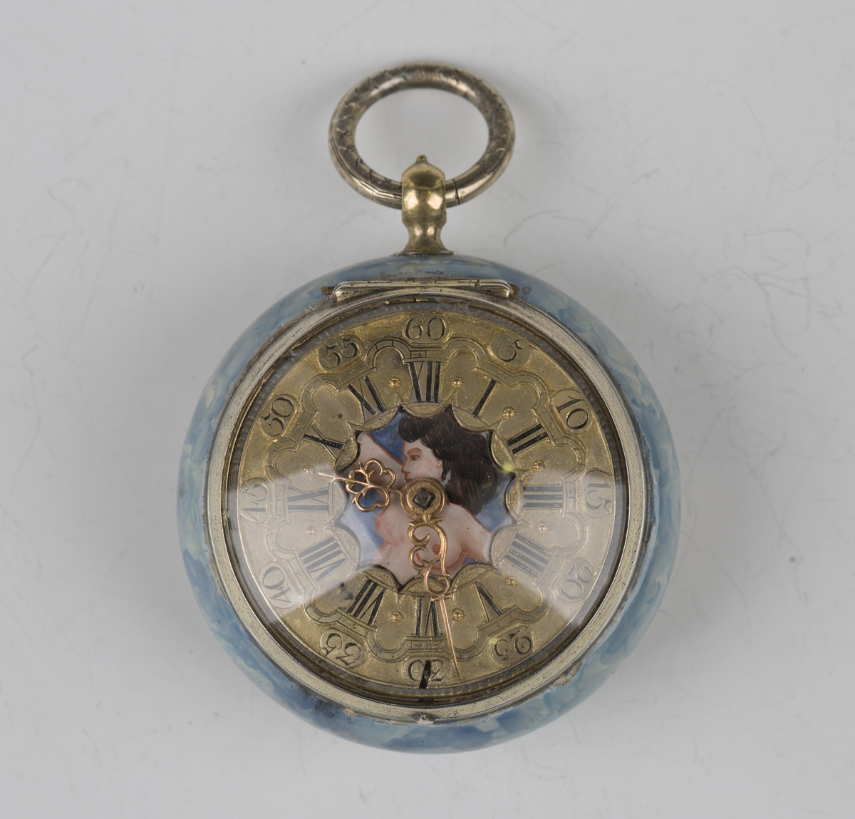 An 18th century and later enamelled keywind open-faced pocket watch, the gilt fusee movement with