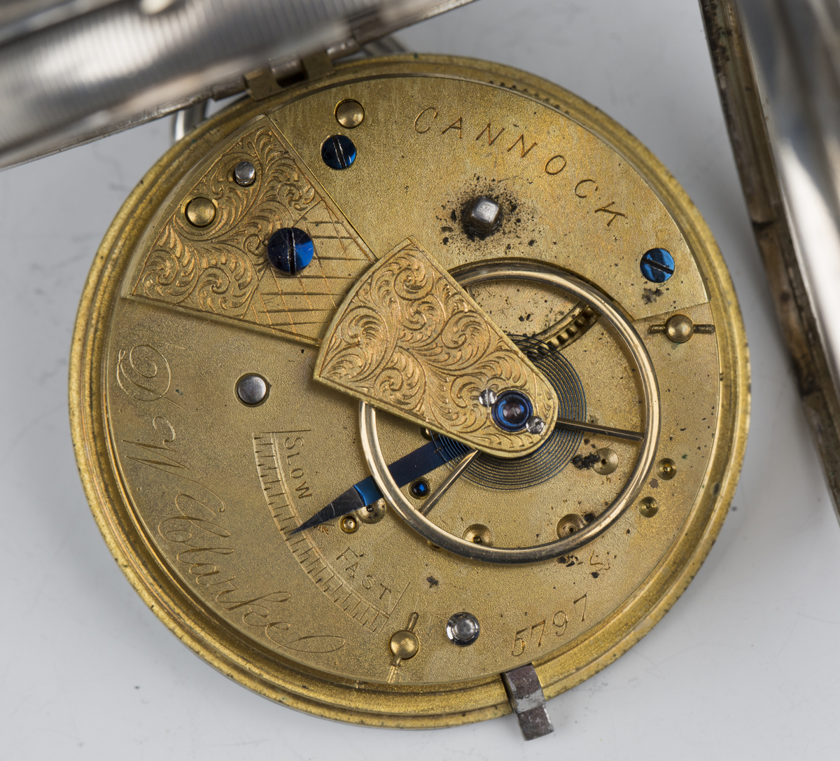 A late Victorian silver cased keywind open-faced gentleman's pocket watch, the enamelled dial with - Image 6 of 7