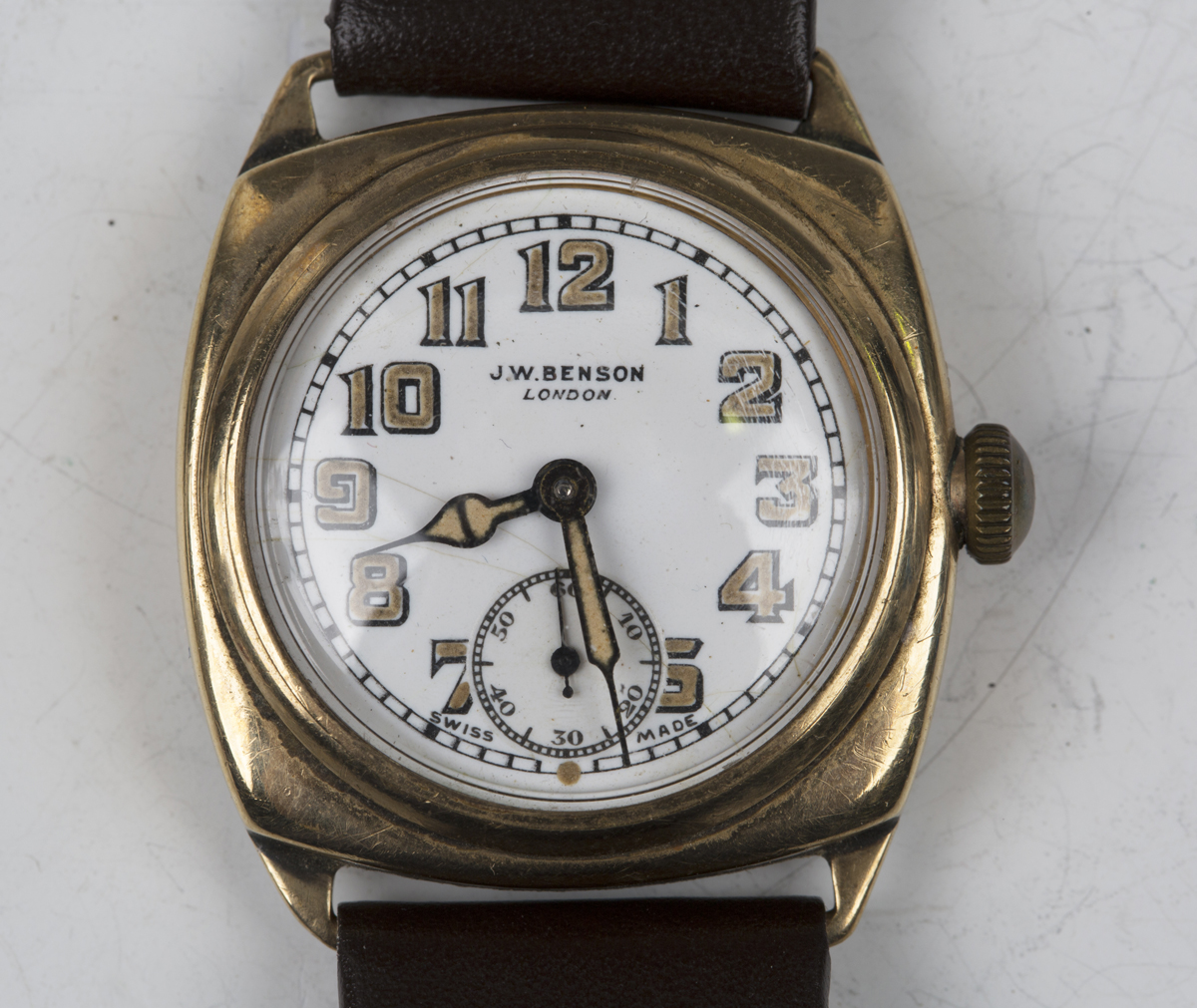 A J.W. Benson, London, 9ct gold cushion shape cased gentleman's wristwatch, the signed enamelled - Image 9 of 9