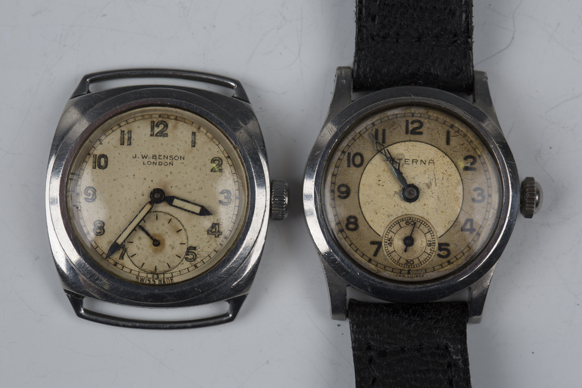 A J.W. Benson steel cased wristwatch, the signed circular dial with Arabic numerals and subsidiary