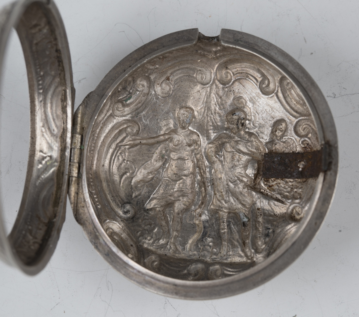 A George III and later silver repoussé pair cased keywind open-faced pocket watch, the gilt fusee - Image 4 of 10