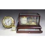 A late 20th century mahogany cased barograph with clockwork recording drum and brass mechanism,