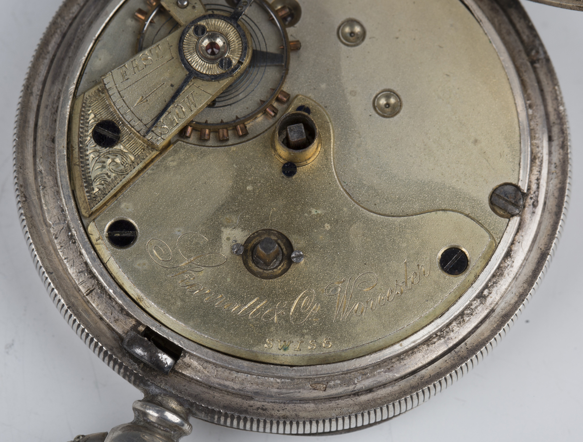 A late Victorian silver cased keywind open-faced gentleman's pocket watch, the enamelled dial with - Image 3 of 7