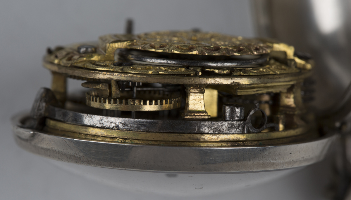 A George III and later silver repoussé pair cased keywind open-faced pocket watch, the gilt fusee - Image 6 of 10