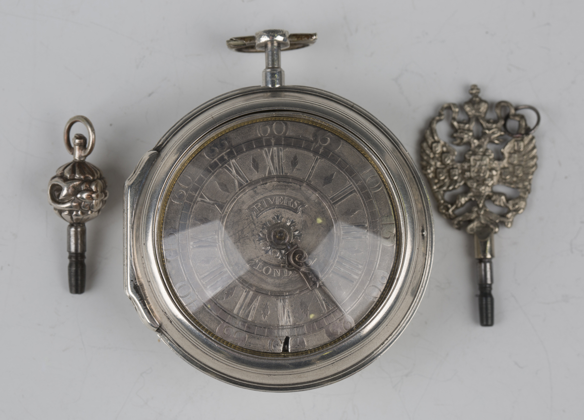 A George III silver pair cased keywind open-faced pocket watch, the gilt fusee movement with verge