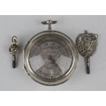 A George III silver pair cased keywind open-faced pocket watch, the gilt fusee movement with verge