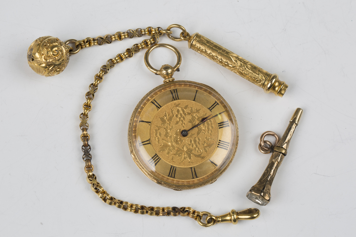 A gold cased keywind open-faced lady's fob watch with unsigned gilt cylinder movement, the dial