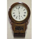 A late 19th century walnut drop dial wall clock, the painted circular dial with black Roman