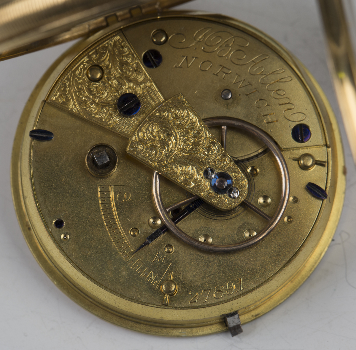 An 18ct gold cased open-faced fob watch, the gilt movement detailed 'J.B. Allen, Norwich 27891', - Image 3 of 3